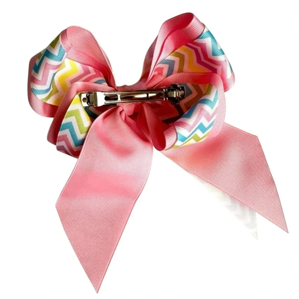 New Chevron Pink Grosgrain Ribbon Hair Bow Clip Girls Dance Pageant Cheer Show